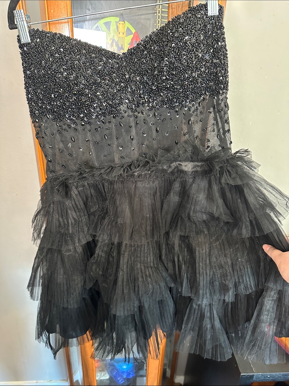 Strapless Black Beaded Tulle Cocktail Dress